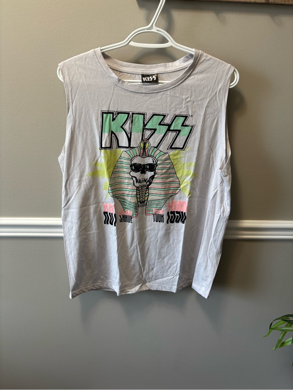 Kiss Band Tee in Light Gray with Neon Green, Pink & Yellow Graphic
